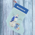 Personalised Hanukkah Blue Snowman Watercolor Small Christmas Stocking<br><div class="desc">This design was created though digital art. It may be personalised in the area provided or customising by choosing the click to customise further option and changing the name, initials or words. You may also change the text colour and style or delete the text for an image only design. Contact...</div>