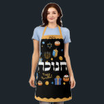Personalised Hanukkah Hebrew Menorah Dreidel Apron<br><div class="desc">Set a Happy Hanukkah tone with this Personalzed Bold & Bright Hanukkah Apron. Sure to make someone special smile. It is the perfect way to wish friends and family a Happy Hanukkah. Whimsical colourful Chanukah elements — including Jelly Doughnuts, Dreidels, Wrapped Gifts, Gold Coins and Stars of David— surround the...</div>