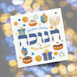 Personalised Hanukkah Menorah Doughnuts & Dreidel Napkin<br><div class="desc">This bold graphic design is the perfect way to set a festive Hanukkah/Chanukah Party table. Whimsical colourful Chanukah elements — including Jelly Doughnuts, Dreidels, Wrapped Gifts, Gold Coins and Stars— surround the word CHANUKAH in Hebrew, . With space for your own name & message. Need help with this design? Want...</div>