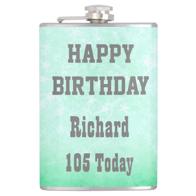 Personalised Happy 105th Birthday design Hip Flask (Front)