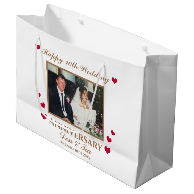Personalised Happy 10th Wedding Anniversary White Large Gift Bag (Front Angled)
