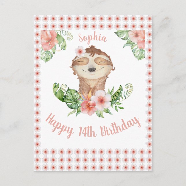 Personalised Happy 14th Birthday Cute Sloth Girl  Postcard (Front)