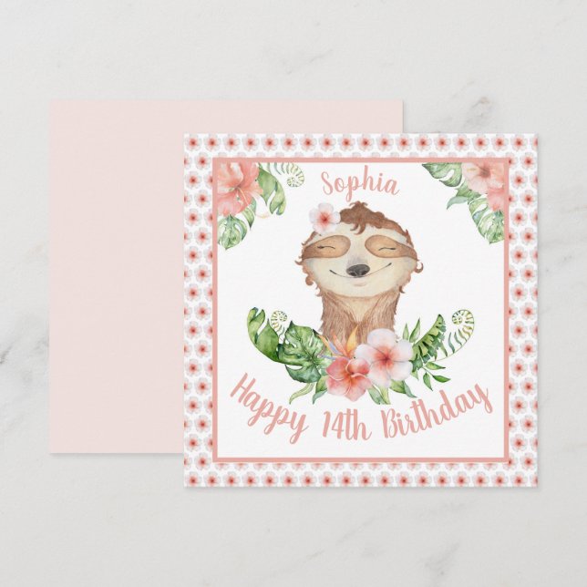 Personalised Happy 14th Birthday Girl Cute Sloth Card (Front/Back)