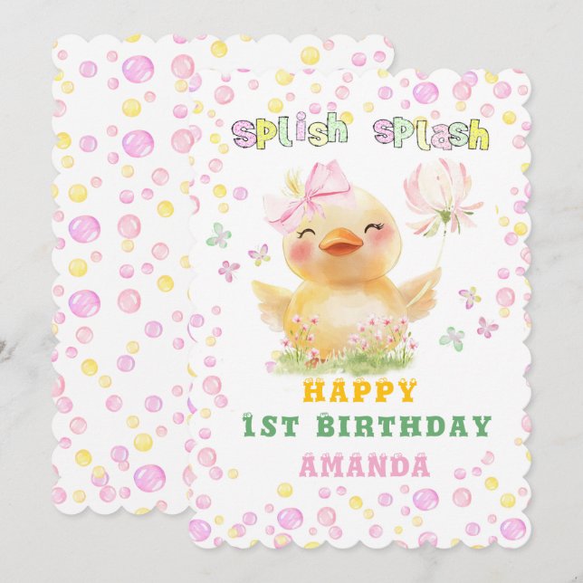 Personalised Happy 1st Birthday Rubber Duck Girl Invitation (Front/Back)