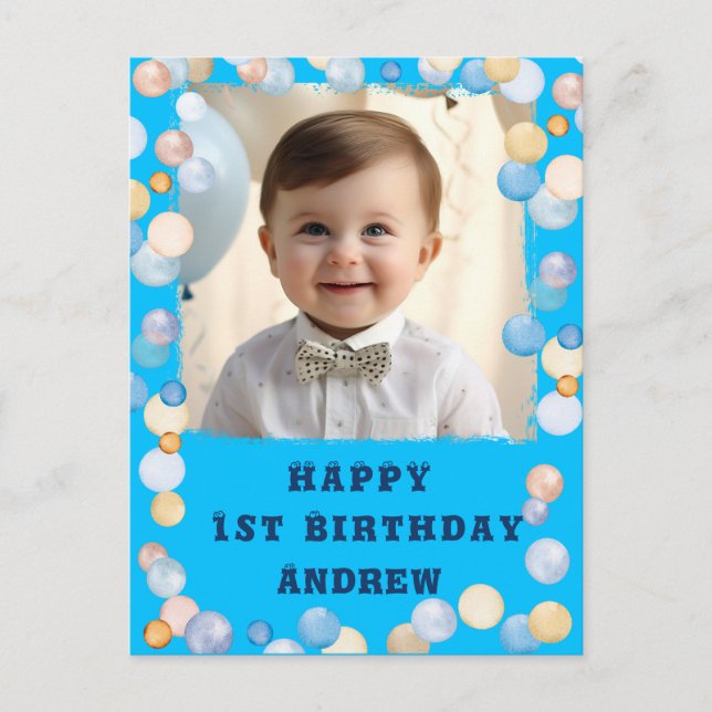 Personalised Happy 1st Birthday With Photo Postcard (Front)