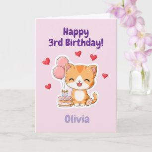 Personalised Happy 3rd Birthday Girl, Cute Kitten Card