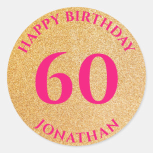 Personalised Happy 60th Birthday Gold Glitter Classic Round Sticker