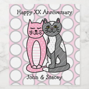 Personalised Happy Anniversary Cute Cuddly Cats Wine Label