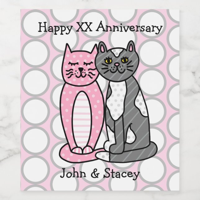 Personalised Happy Anniversary Cute Cuddly Cats Wine Label (Single Label)