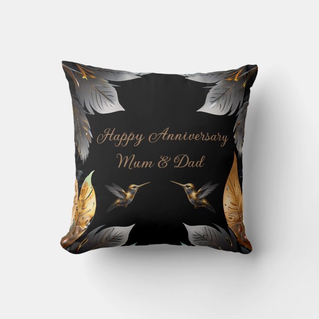 Personalised Happy Anniversary Golden Hummingbird Cushion (Front)