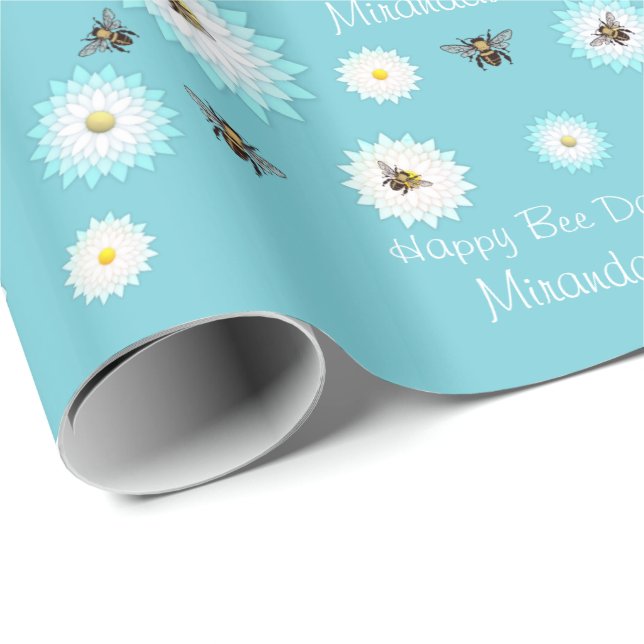 Personalised Happy Bee Day Wrapping Paper (Roll Corner)