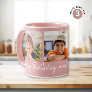 Personalised Happy Birthday 3 Photo Collage Pink Mug