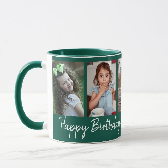 Personalised Happy Birthday 5 Photo Collage Green Mug (Left)