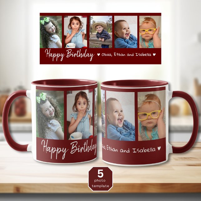 Personalised Happy Birthday 5 Photo Collage Maroon Mug (Creator Uploaded)