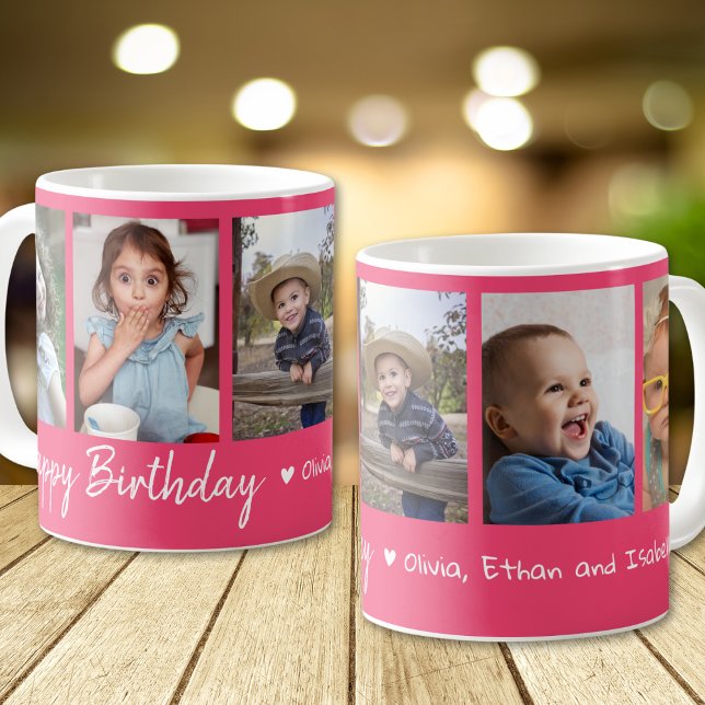 Personalised Happy Birthday 5 Photo Collage Pink Coffee Mug (Creator Uploaded)