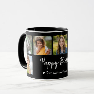 Personalised Happy Birthday 7 Photo Collage Black Mug