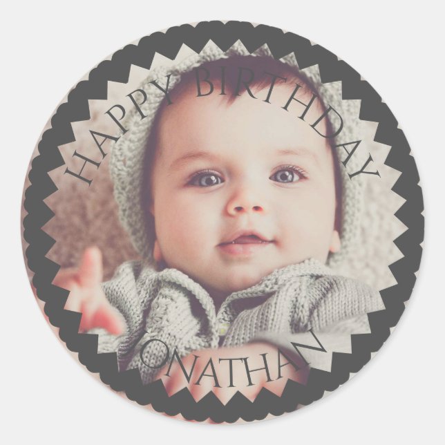 Personalised Happy Birthday add your photo name Classic Round Sticker (Front)