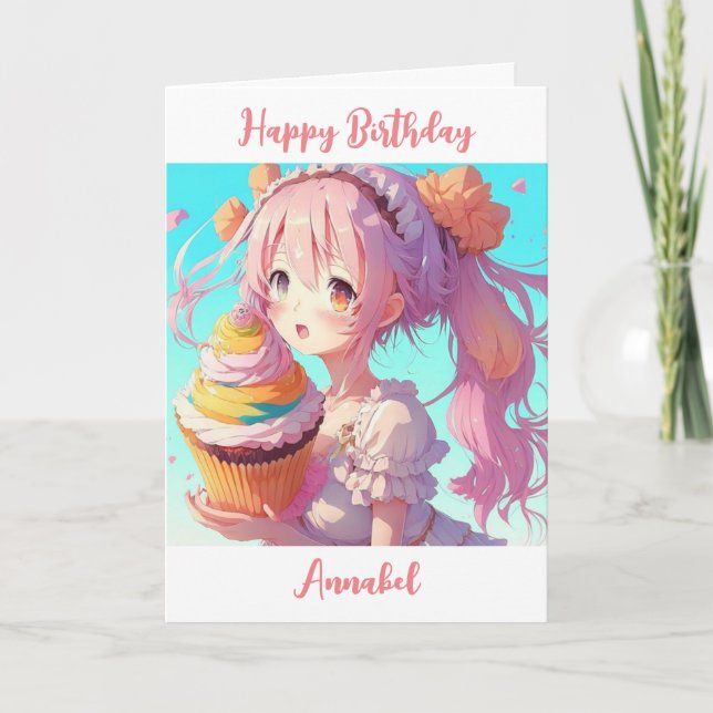 Personalised Happy Birthday Anime Girl Cupcake Card (Front)