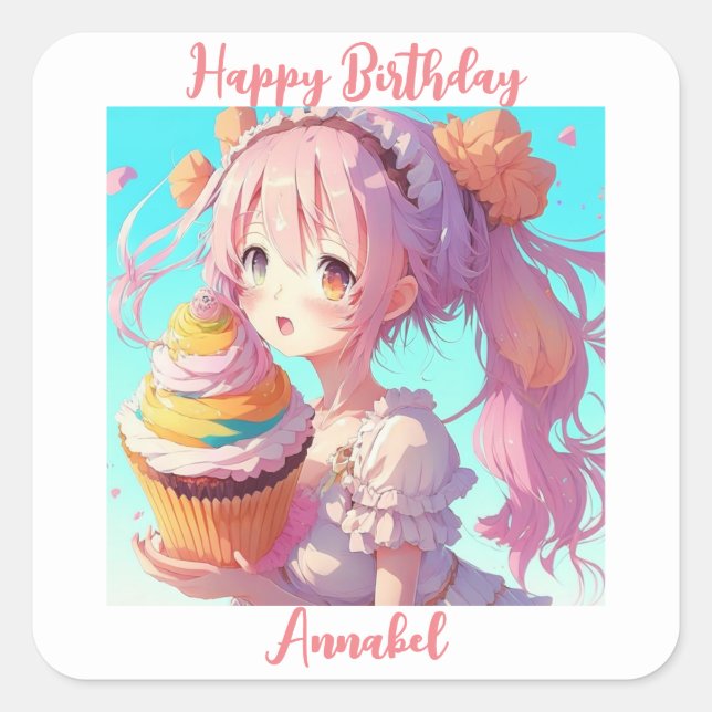 Personalised Happy Birthday Anime Girl Cupcake Square Sticker (Front)