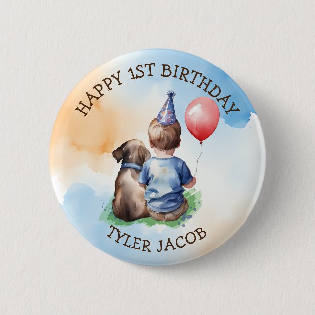 Personalised Happy Birthday | Baby and Puppy 6 Cm Round Badge (Front)