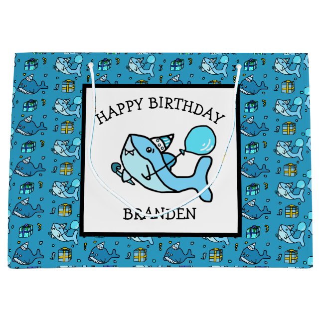 Personalised Happy Birthday Blue Baby Shark Large Gift Bag (Front)