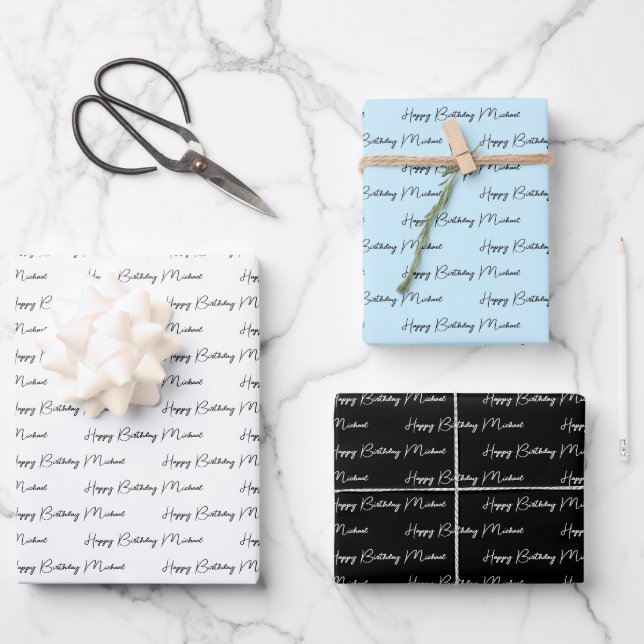 Personalised Happy Birthday Blue, Black and White Wrapping Paper Sheet (Front)
