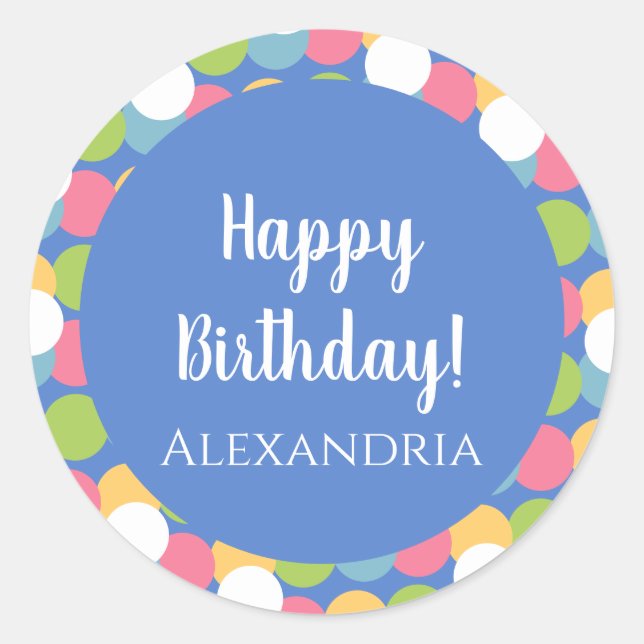 Personalised Happy Birthday Blue Colourful Classic Round Sticker (Front)