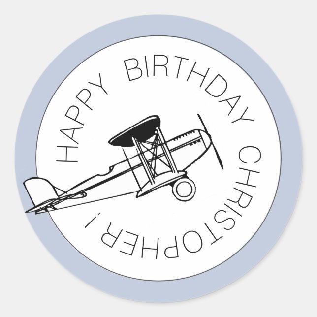 Personalised Happy Birthday Boy Aeroplane Party Classic Round Sticker (Front)