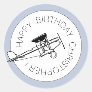 Personalised Happy Birthday Boy Aeroplane Party Classic Round Sticker