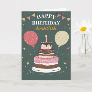 Personalised Happy Birthday Cake Balloons Name Card