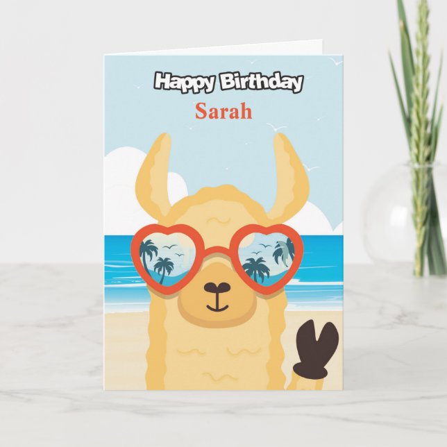 Personalised Happy Birthday Card - Beach Llama (Front)