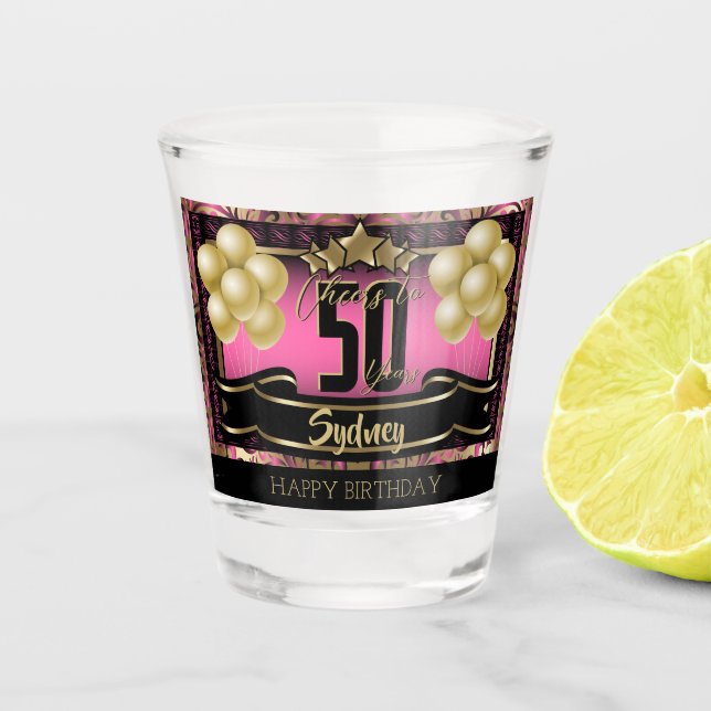 Personalised Happy Birthday Celebration - Pink Shot Glass (Front)