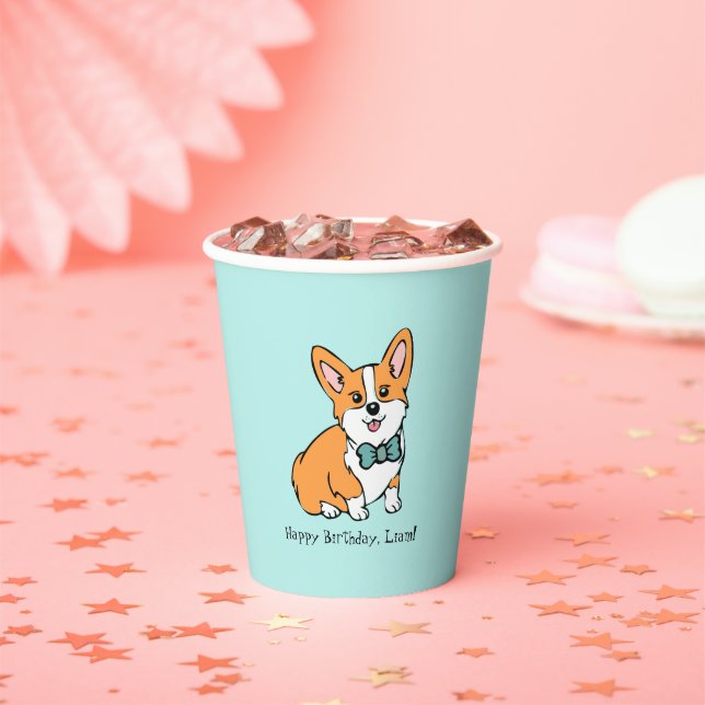 Personalised Happy Birthday Corgi Paper Cups (Insitu)