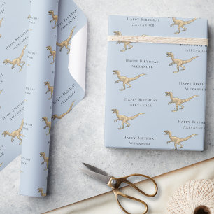 Personalised Happy Birthday Dinosaur Blue Wrapping Paper