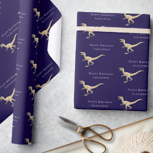 Personalised Happy Birthday Dinosaur Navy Blue Wrapping Paper