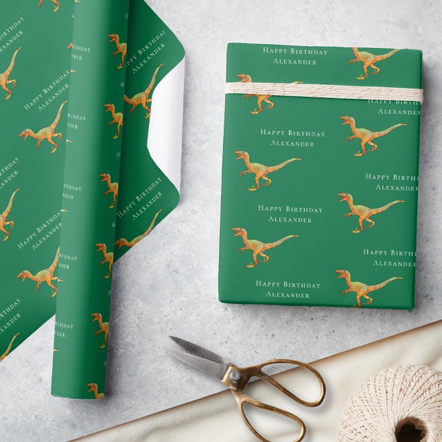 Personalised Happy Birthday Dinosaur Wrapping Paper (Personalized boy name happy birthday dinosaur velociraptor green gift wrapping paper Fun raptor dino)