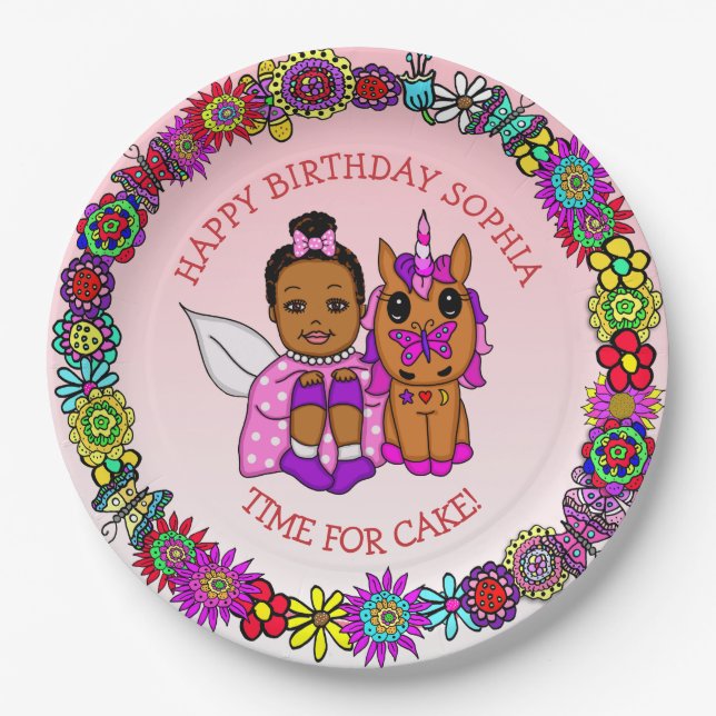 Personalised Happy Birthday Fairy and Unicorn   Paper Plate (Front)
