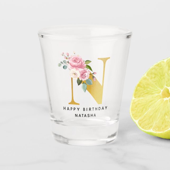 Personalised Happy Birthday Floral Monogram Name Shot Glass (Front)