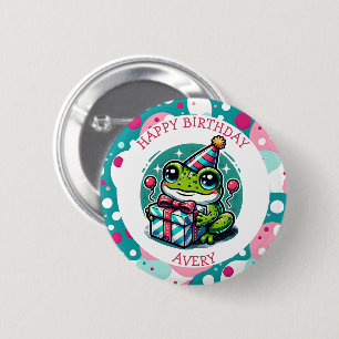 Personalised Happy Birthday Frog Themed   6 Cm Round Badge