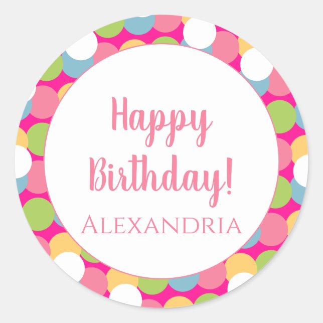 Personalised Happy Birthday Fun Colourful Classic Round Sticker (Front)