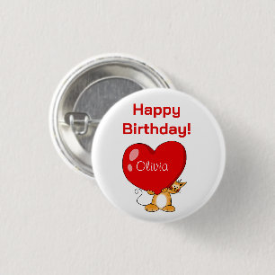 Personalised Happy Birthday Heart Cat 3 Cm Round Badge