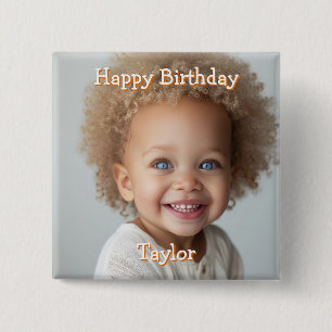 Personalised Happy Birthday Name and Photo 15 Cm Square Badge