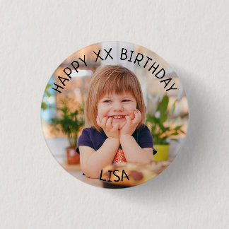 Personalised Happy Birthday Photo Name and Age 3 Cm Round Badge