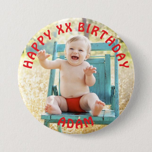 Personalised Happy Birthday Photo Name and Age 7.5 Cm Round Badge (Front)