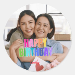 Personalised Happy Birthday Photo Name Quotes  Classic Round Sticker