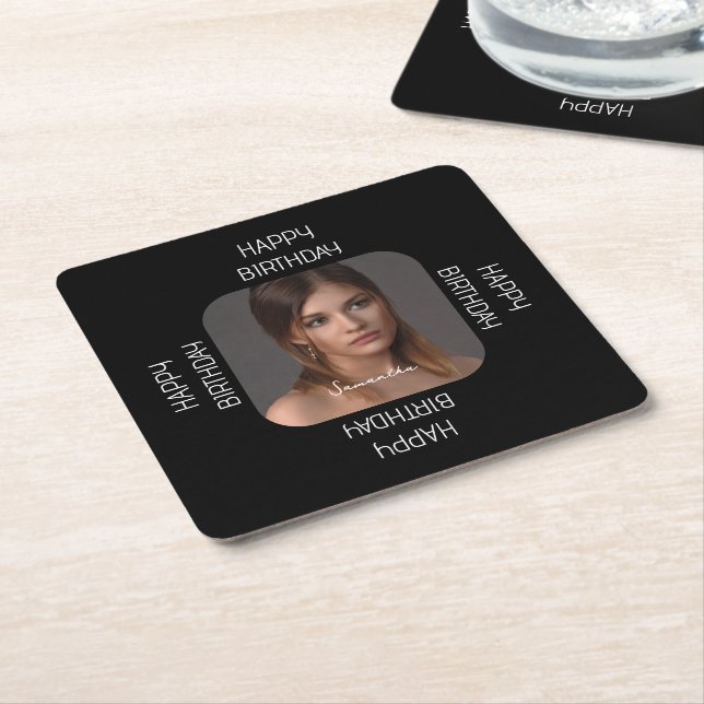 Personalised Happy Birthday Photo Name Script  Square Paper Coaster (Angled)