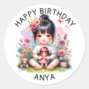Personalised Happy Birthday   Pretty Asian Girl  Classic Round Sticker