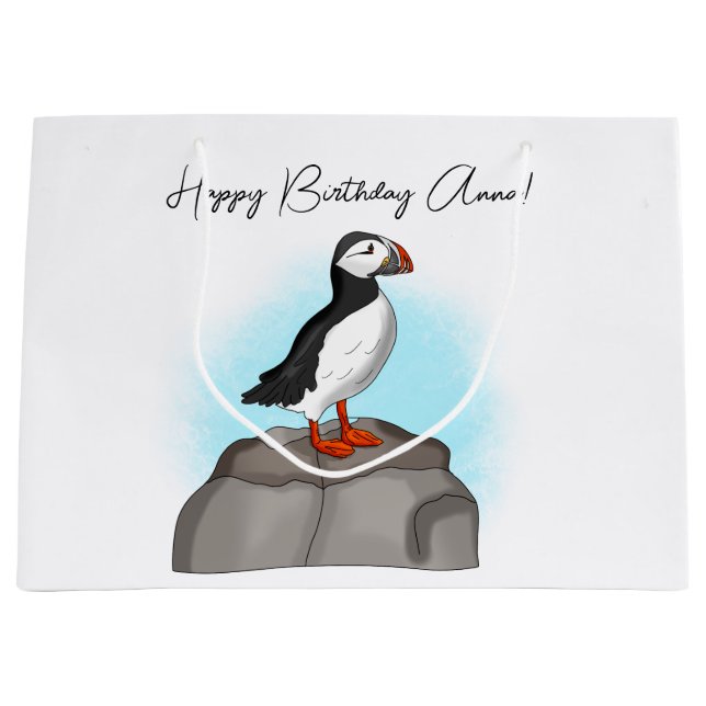 Personalised Happy Birthday Puffin Large Gift Bag (Front)