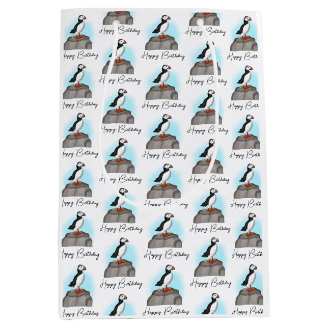 Personalised Happy Birthday Puffin Medium Gift Bag (Front)