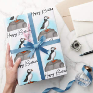 Personalised Happy Birthday Puffin Wrapping Paper